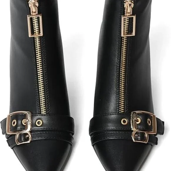 Pointed Toe Kitten Heel Boots-Women Black Booties Rivets Ankle Boot Fashion Shoe - Picture 4 of 5